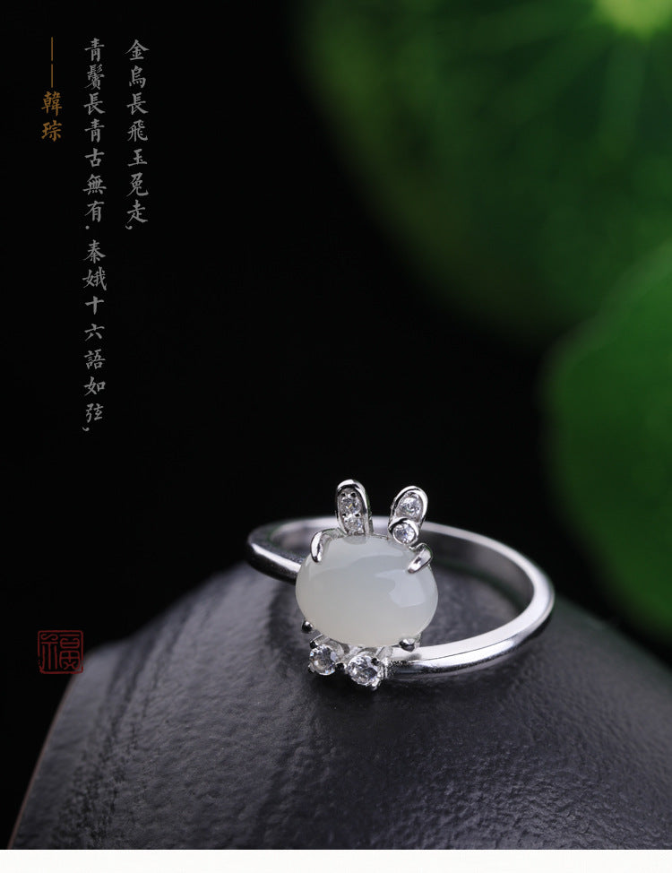 Gold Art With appraisal certificate｜925 sterling silver inlaid with Hetian jade cute rabbit ring  Diamond ear claw design is full of sense｜Daily / Dating / Natural jade + sweet and cute style, girly heart sniper!