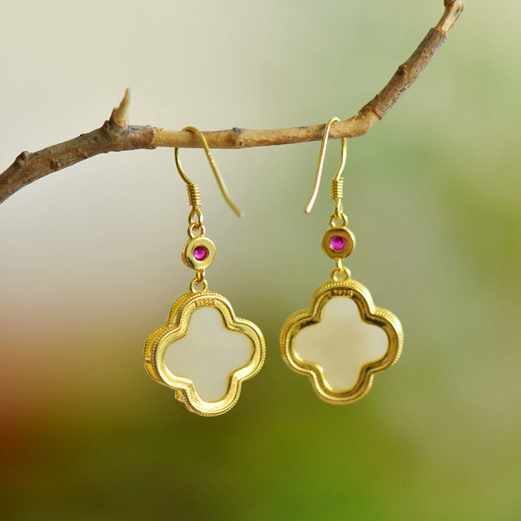 Gold Art Vintage Chinese style Hetian jade earrings - 925 silver gold plated, enamel bamboo, pearls and certified, suitable for daily and special occasions