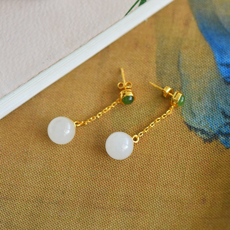 Gold Art Certified Hetian Jade Drop Earrings in 925 Silver – 10mm Beads for Everyday, Events & Gifting