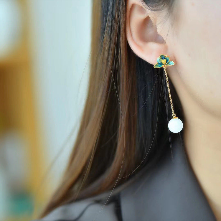 Gold Art Hetian jade earrings with enamel flowers and gold chain - suitable for daily wear and special occasions