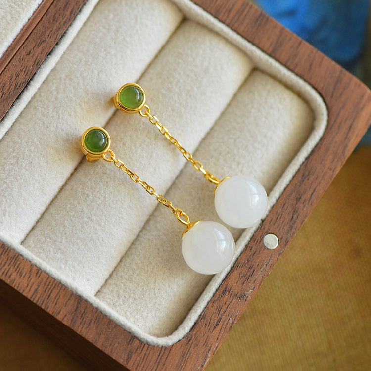 Gold Art Certified Hetian Jade Drop Earrings in 925 Silver – 10mm Beads for Everyday, Events & Gifting