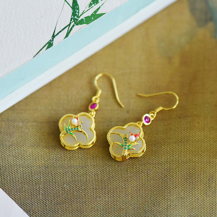 Gold Art Vintage Chinese style Hetian jade earrings - 925 silver gold plated, enamel bamboo, pearls and certified, suitable for daily and special occasions