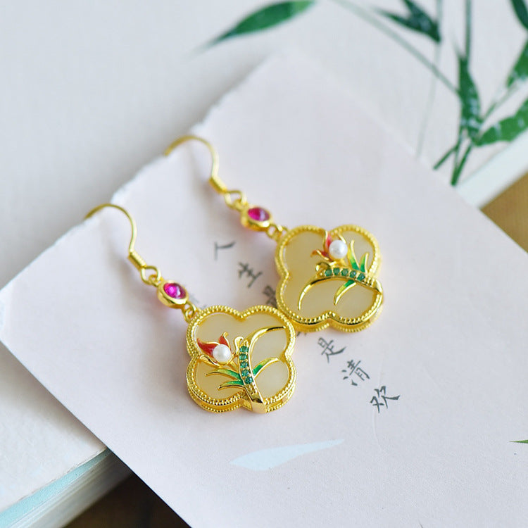 Gold Art Vintage Chinese style Hetian jade earrings - 925 silver gold plated, enamel bamboo, pearls and certified, suitable for daily and special occasions