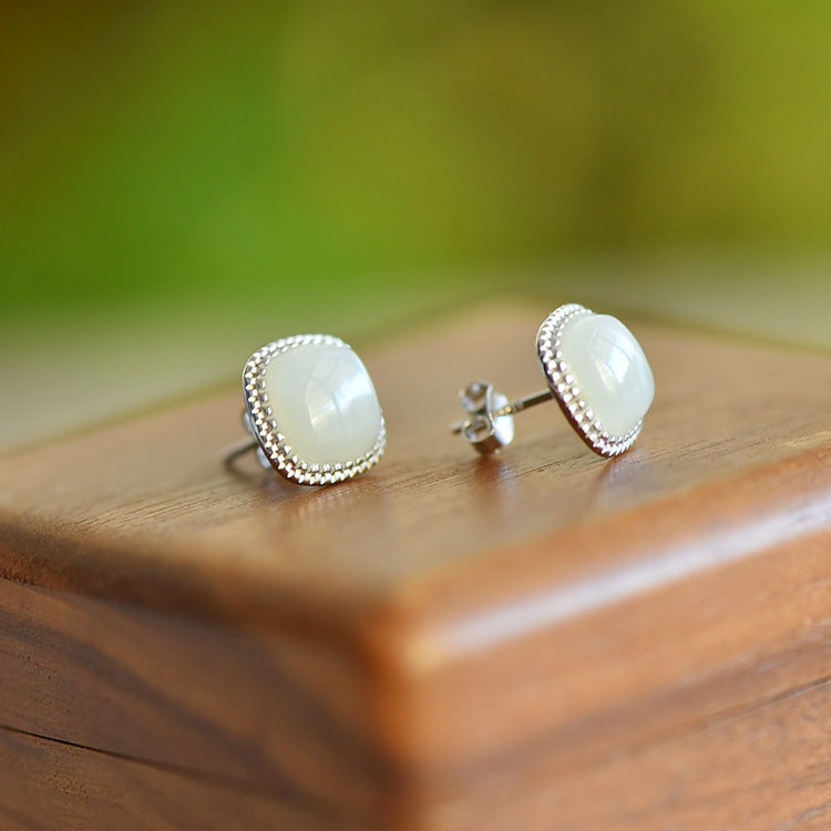 Gold Art Natural Hetian Jade Gold Plated Square Stud Earrings - Perfect for Everyday Wear and Special Occasions