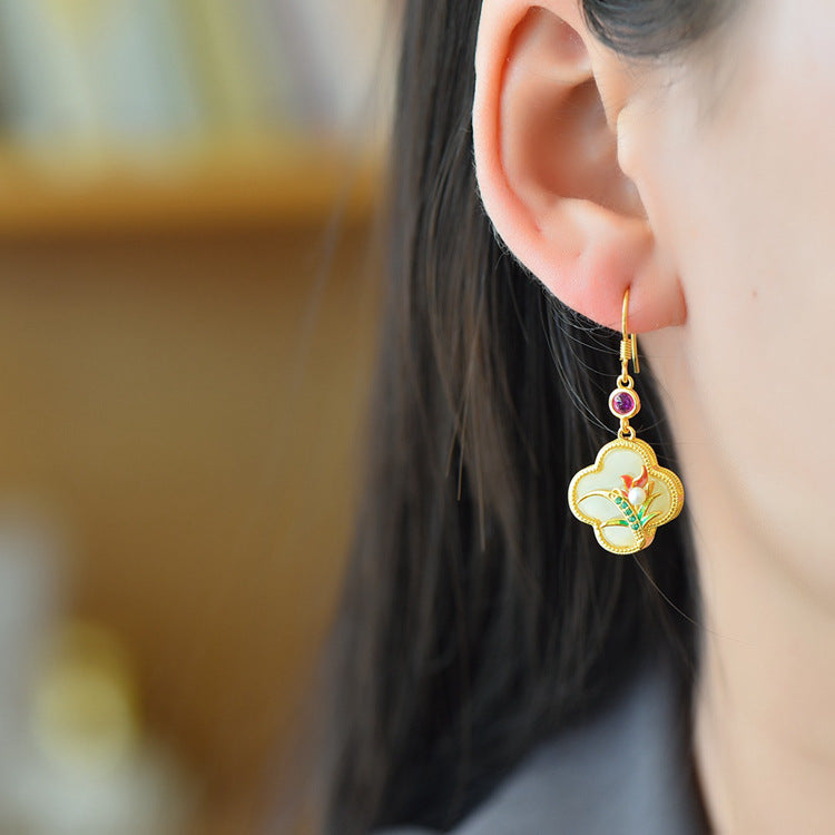 Gold Art Vintage Chinese style Hetian jade earrings - 925 silver gold plated, enamel bamboo, pearls and certified, suitable for daily and special occasions