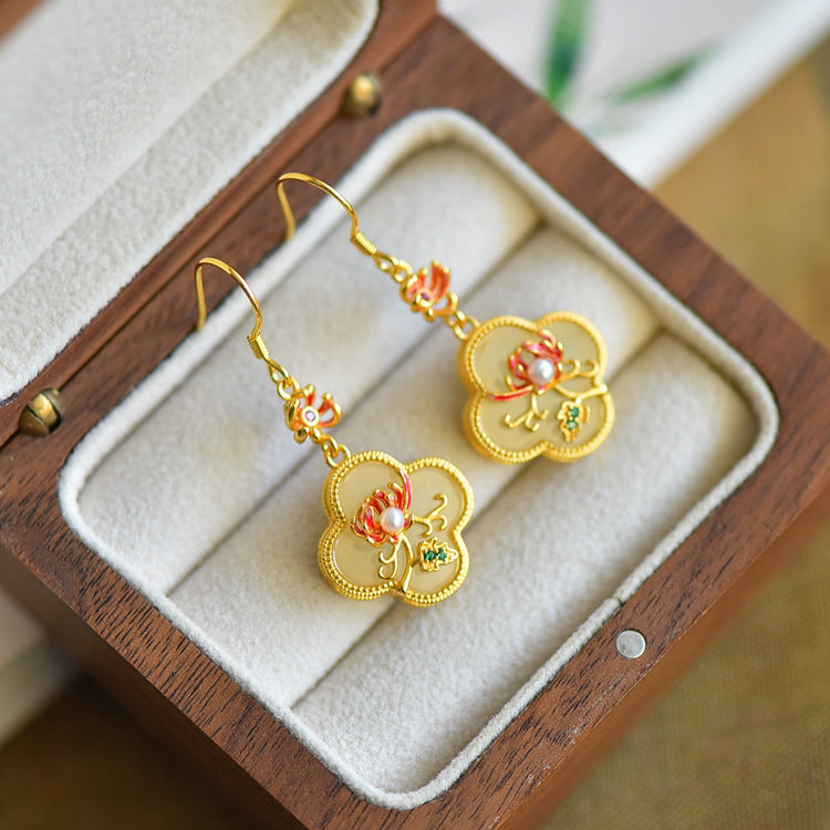 Gold Art Vintage Chinese style Hetian jade earrings - 925 silver gold plated, enamel bamboo, pearls and certified, suitable for daily and special occasions