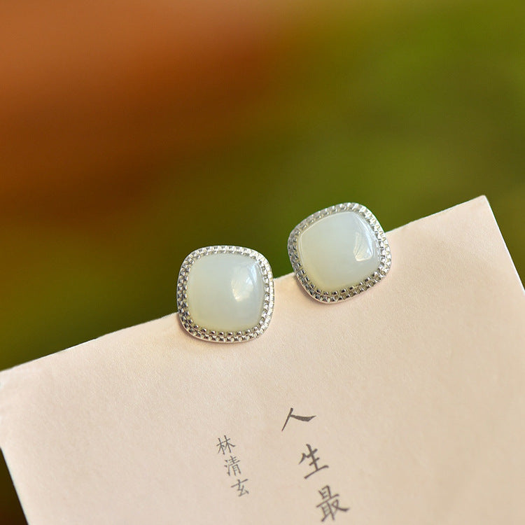Gold Art Natural Hetian Jade Gold Plated Square Stud Earrings - Perfect for Everyday Wear and Special Occasions