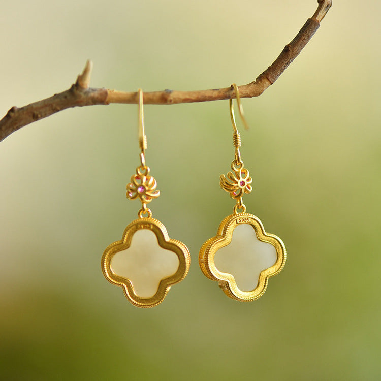 Gold Art Vintage Chinese style Hetian jade earrings - 925 silver gold plated, enamel bamboo, pearls and certified, suitable for daily and special occasions
