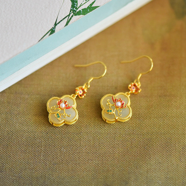 Gold Art Vintage Chinese style Hetian jade earrings - 925 silver gold plated, enamel bamboo, pearls and certified, suitable for daily and special occasions