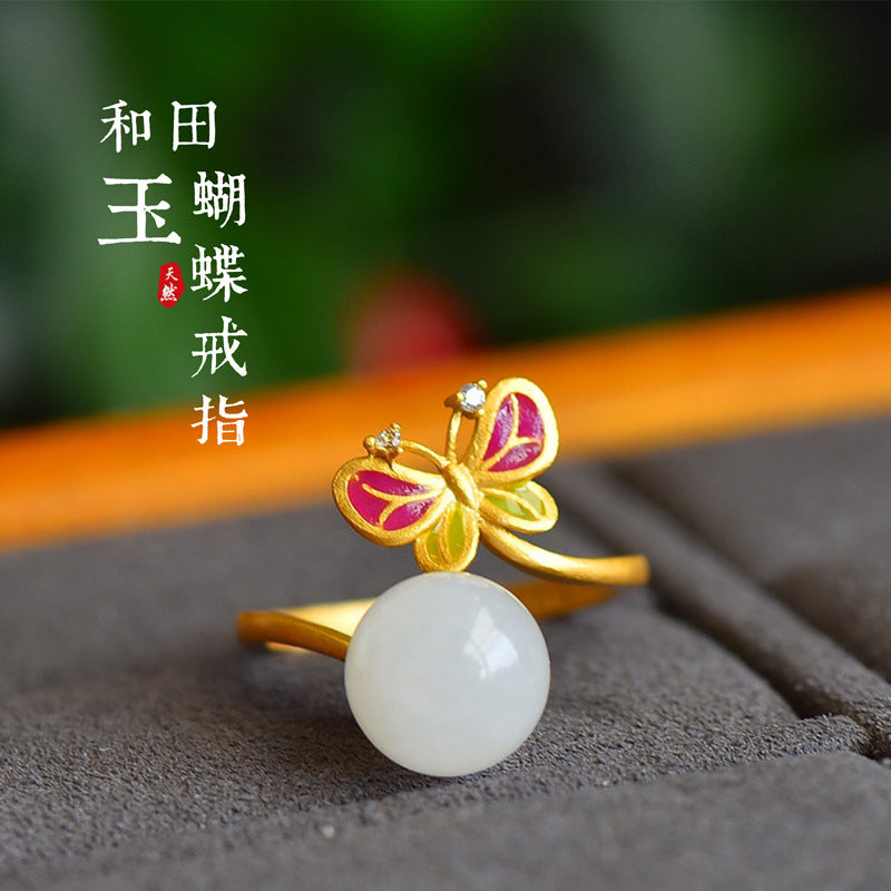 Gold Art  With identification certificate｜925 sterling silver gilt Hetian jade ring Enamel butterfly holding beads design｜Daily / Hanfu / Natural jade Wear the spring butterfly shadow on your fingertips