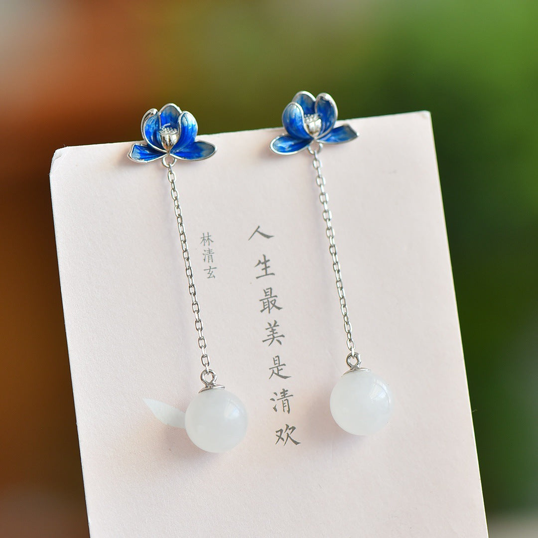 Gold Art Hetian jade earrings with enamel flowers and gold chain - suitable for daily wear and special occasions