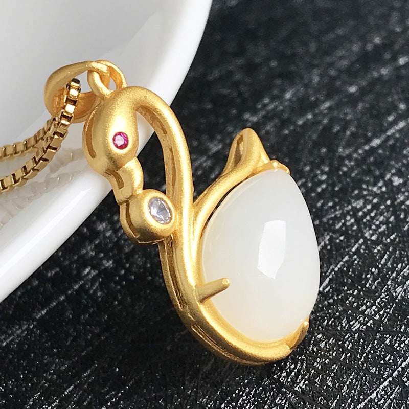 Gold Art Gold-plated Hetian jade swan necklace with rubies and cubic zirconia - perfect for everyday wear, events and gifts