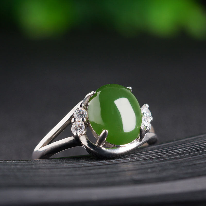 Gold Art With identification certificate｜925 sterling silver inlaid with Hetian Jasper ring Diamond decorated twist arm design full of sense｜Daily / Banquet / All-round adaptation Natural jade
