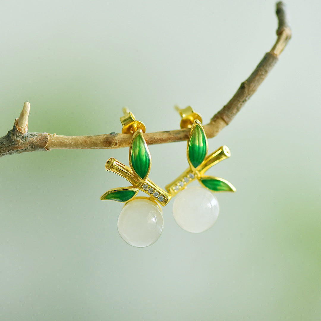 Gold Art Gold-plated Hetian jade stud earrings, certified enamel bamboo pattern + diamond details | Perfect for everyday elegant wear, cultural gifts and events
