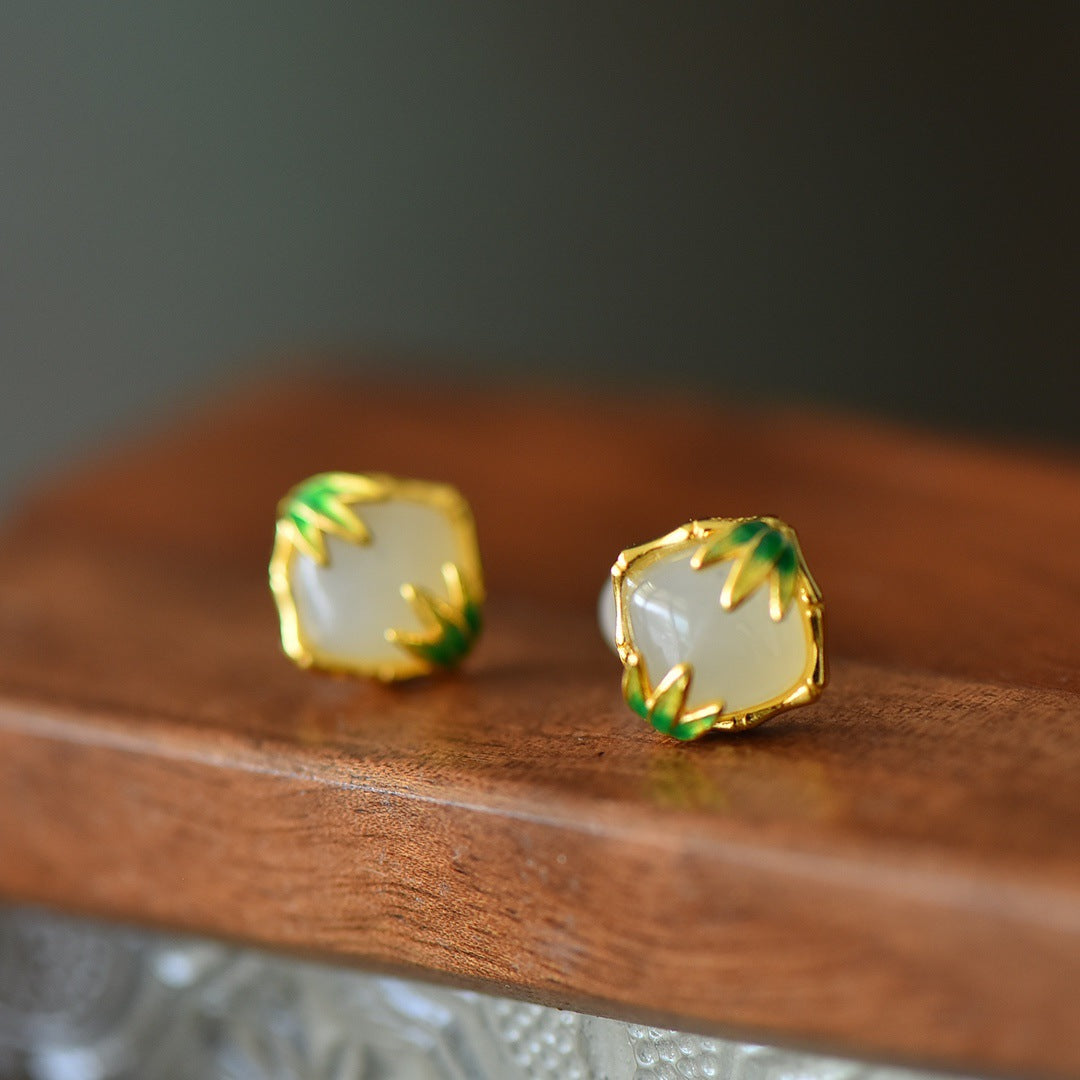 Gold Art New Chinese style Hetian jade bamboo stud earrings - 925 silver with gold plated, certified for daily wear, special occasions and gifts