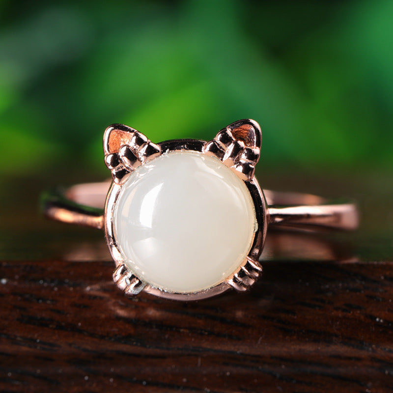 Gold Art  With appraisal certificate | 925 sterling silver with rose gold plated Hetian jade ring  Cute cat shape design | Natural jade + sweet and cute style, captures the hearts of girls!
