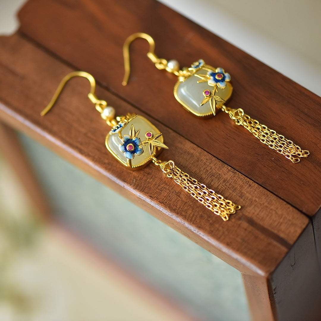 Gold Art Certified natural Hetian jade earrings - New Chinese palace style, with enamel and gold tassels, suitable for daily wear and gift giving
