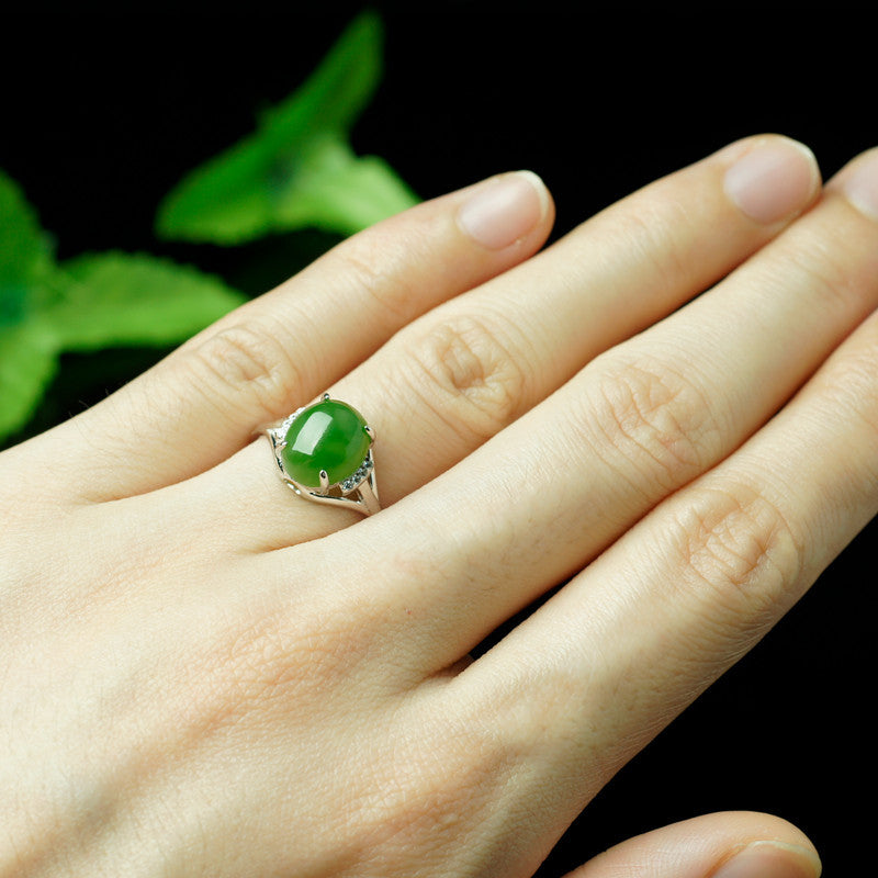 Gold Art  With certificate of appraisal | 925 sterling silver inlaid with Hetian jade jasper ring Oval egg-shaped diamond inlaid hollow design | Suitable for daily life/gifting Natural jade + light luxury texture, wear oriental jade on your fingertips