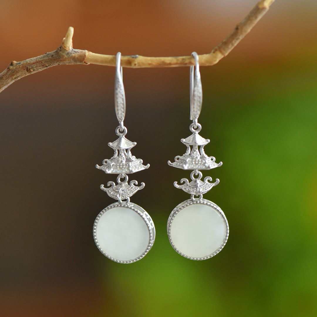 Gold Art Gold Plated Pagoda Pattern Hetian Jade Earrings - Certified for Daily Wear and Gift Giving
