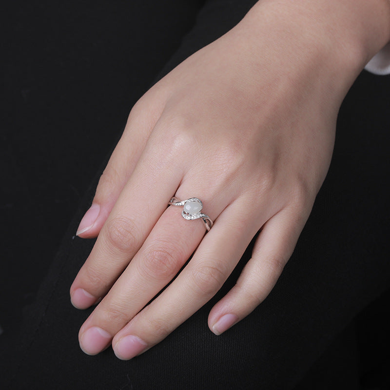Gold Art With identification certificate | 925 sterling silver and Hetian jade open ring  Curved diamond design full of sense | Daily / gift / commuting all-round adaptation Natural jade + silver support color preservation Elegant and high-end feeling