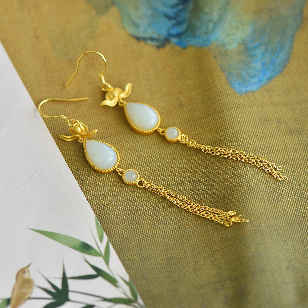 Gold Art  Natural Hetian jade water drop tassel earrings | Golden lotus shape with identification certificate Chinese Hanfu/dinner/daily commuting gift high-end jewelry