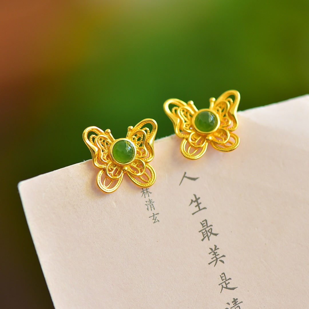 Gold Art Certified natural green jade butterfly stud earrings Gold plated artisan design | Elegant and chic, perfect for everyday wear, gift giving and special occasions
