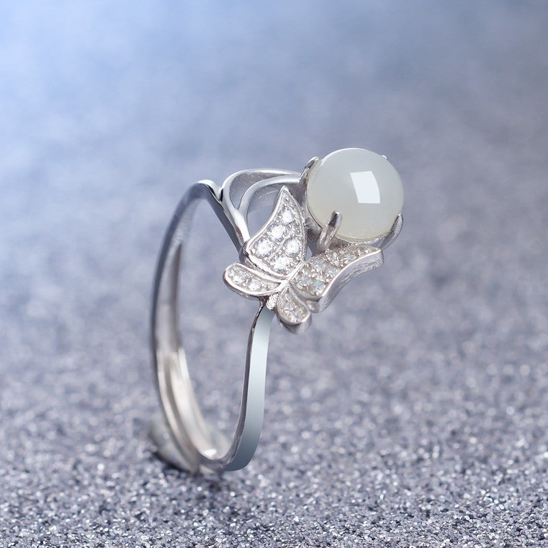 Gold Art [With certificate] 925 sterling silver and Hetian jade flower ring  Design sense bursting | Daily / dating / gift-giving all-round adaptation Natural jade + shining diamonds Elegant and not a hit