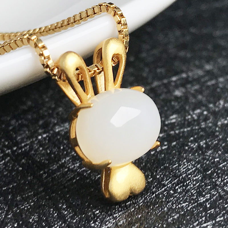 Gold Art Gold-Plated Hetian Jade Bunny Pendant Necklace with Heart Detail – Ideal for Daily Wear & Gifting