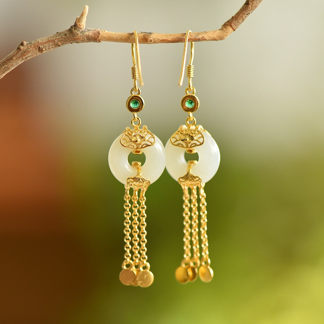 Gold Art Exquisite Gold Plated Hetian Jade Earrings - Tassel and Emerald, Suitable for Daily Wear and Gift Giving