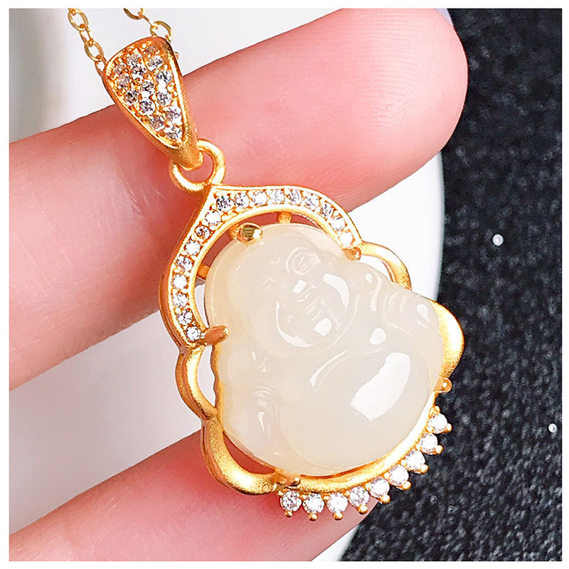 Gold Art Hetian Jade Gold Plated Laughing Buddha Necklace - Cubic Zirconia Details, Suitable for Daily Wear and Special Occasions