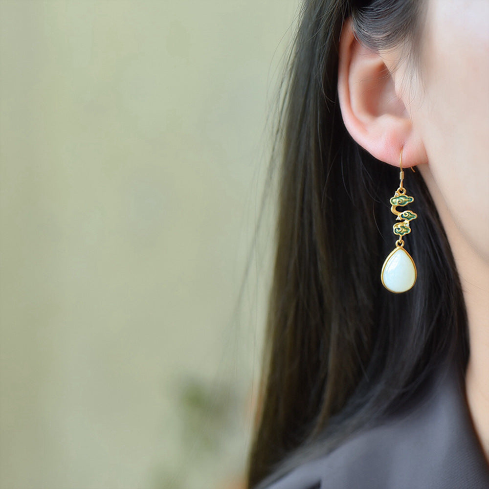 Gold Art  Enamel Auspicious Cloud Pattern Gold-plated Hetian Jade Earrings – Certified for Daily Wear and Gift Giving
