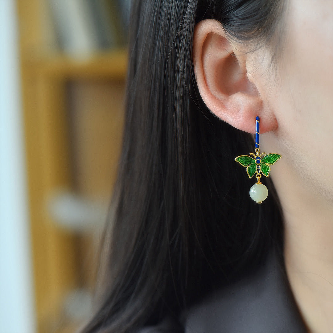 Gold Art Enamel butterfly Hetian jade earrings | with natural jade identification certificate Blue and green contrasting design Daily commuting/gift/dinner accessories