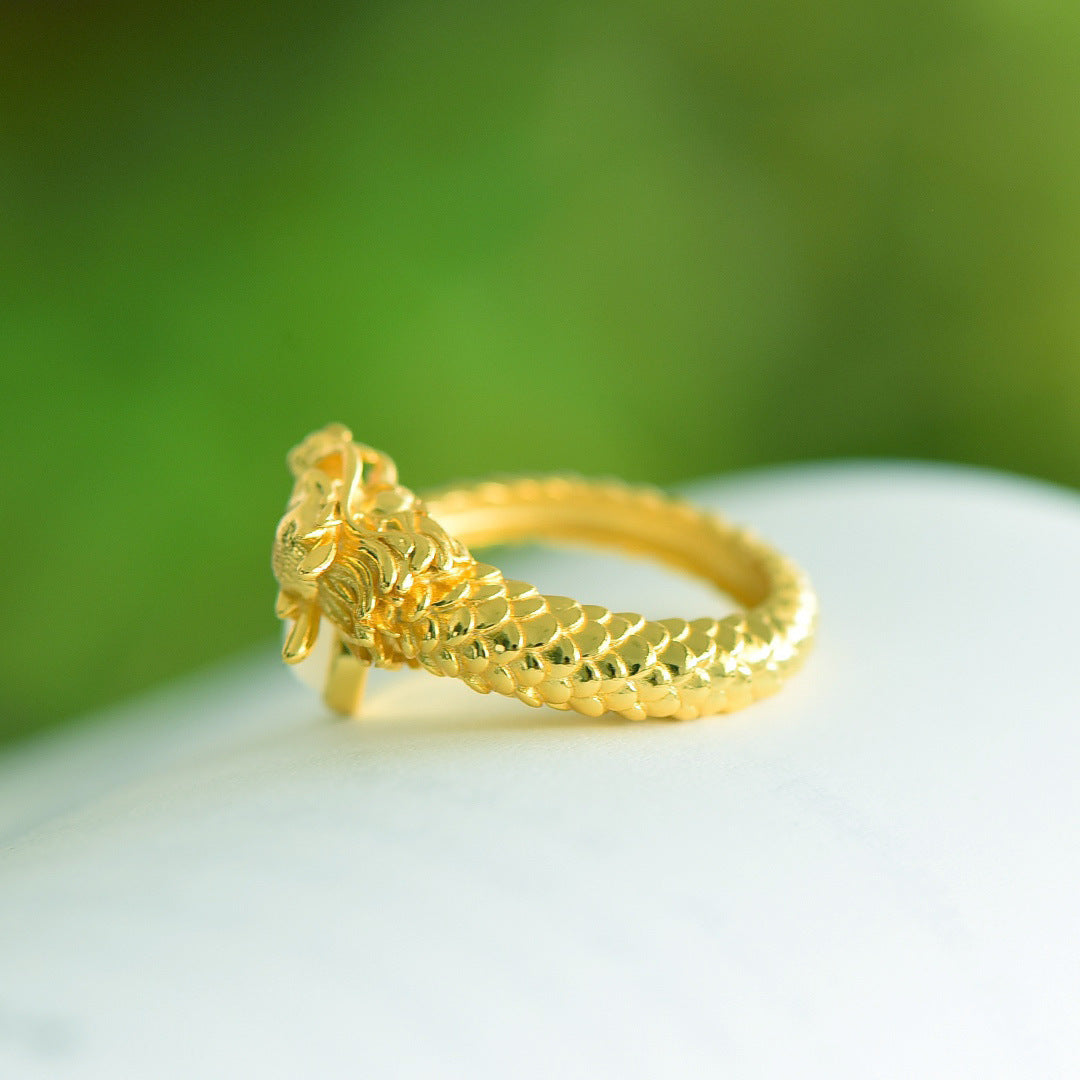 Gold Art  With identification certificate｜925 sterling silver gold-plated Hetian jade dragon ring  National trend domineering dragon head design｜Daily / gift / collection all-round adaptation Natural jade + Chinese auspicious Tibetan high-end feeling