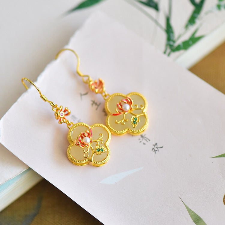 Gold Art Vintage Chinese style Hetian jade earrings - 925 silver gold plated, enamel bamboo, pearls and certified, suitable for daily and special occasions