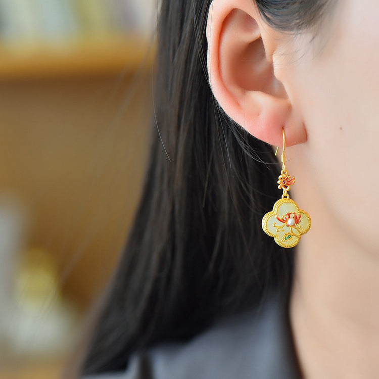Gold Art Vintage Chinese style Hetian jade earrings - 925 silver gold plated, enamel bamboo, pearls and certified, suitable for daily and special occasions