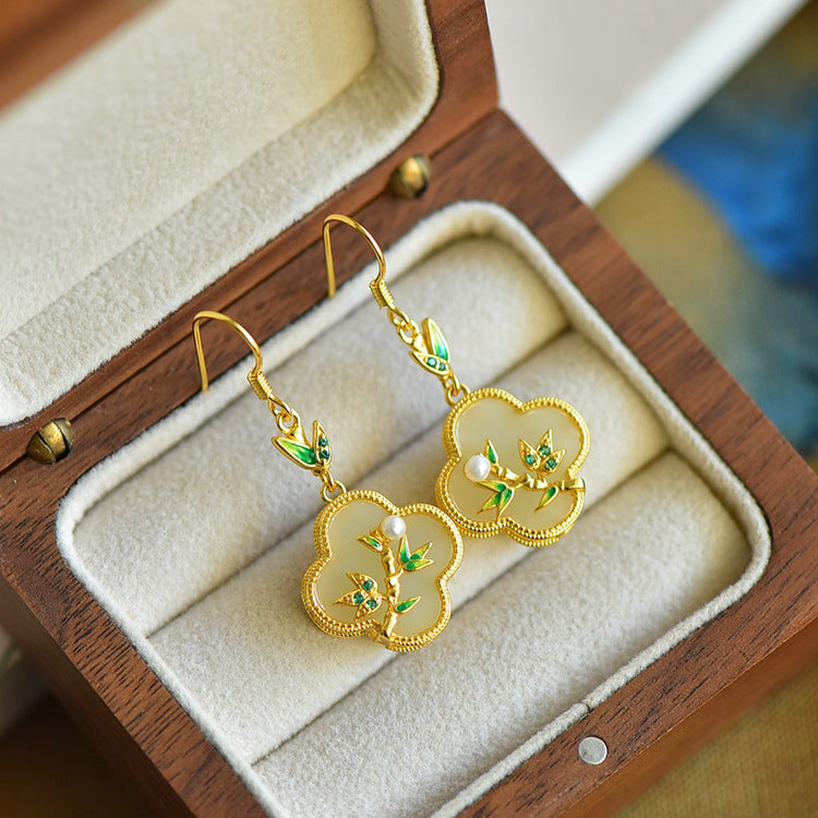 Gold Art Vintage Chinese style Hetian jade earrings - 925 silver gold plated, enamel bamboo, pearls and certified, suitable for daily and special occasions