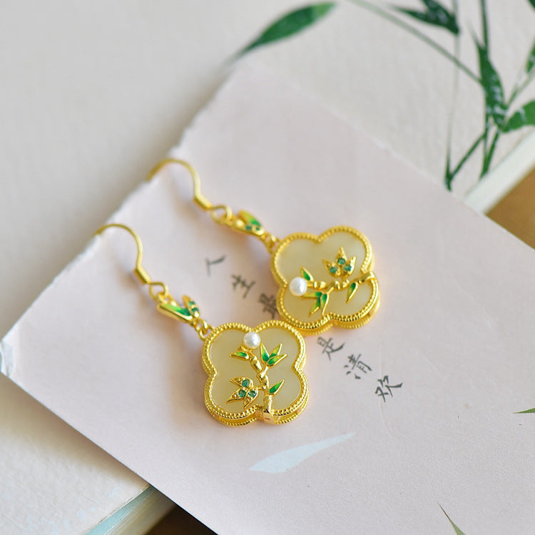 Gold Art Vintage Chinese style Hetian jade earrings - 925 silver gold plated, enamel bamboo, pearls and certified, suitable for daily and special occasions