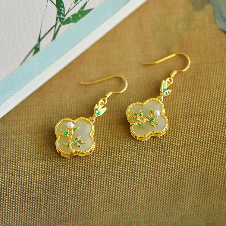 Gold Art Vintage Chinese style Hetian jade earrings - 925 silver gold plated, enamel bamboo, pearls and certified, suitable for daily and special occasions