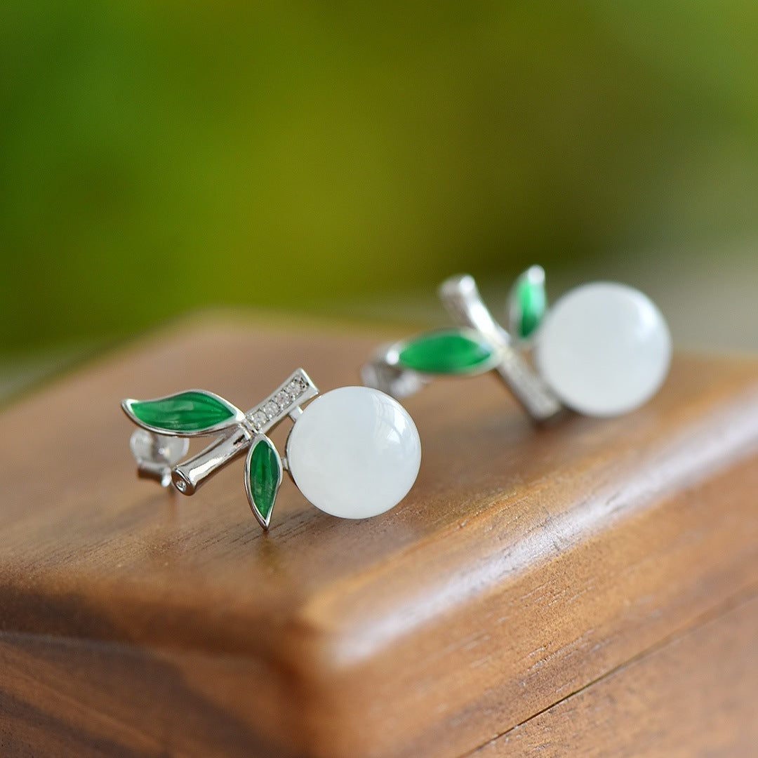 Gold Art Gold-plated Hetian jade stud earrings, certified enamel bamboo pattern + diamond details | Perfect for everyday elegant wear, cultural gifts and events