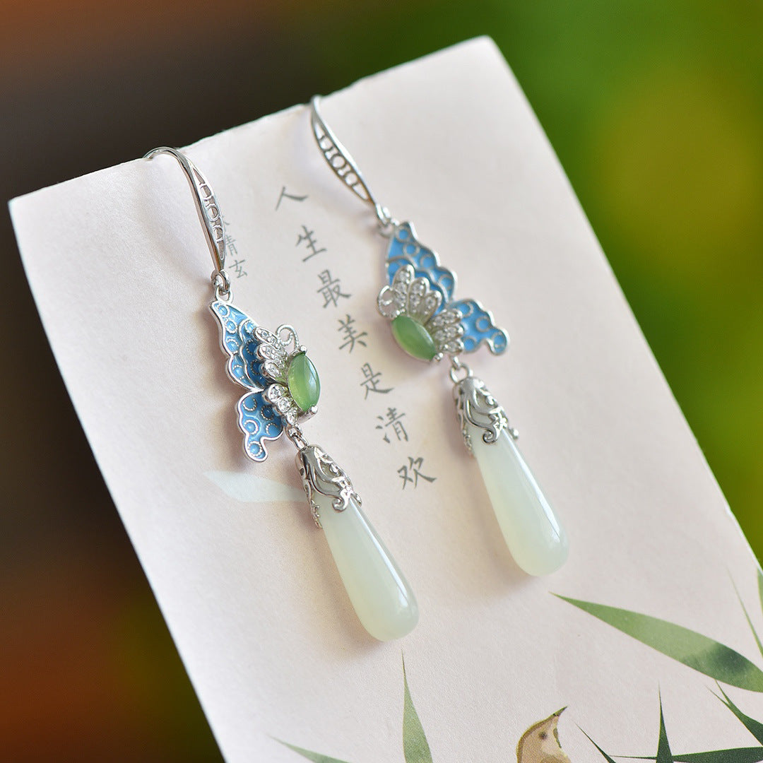 Gold Art Hetian Jade Gold Plated Butterfly Earrings - Enamel, Cubic Zirconia and Drop-Shaped Jade, Perfect for Everyday Wear, Celebrations and Gifts