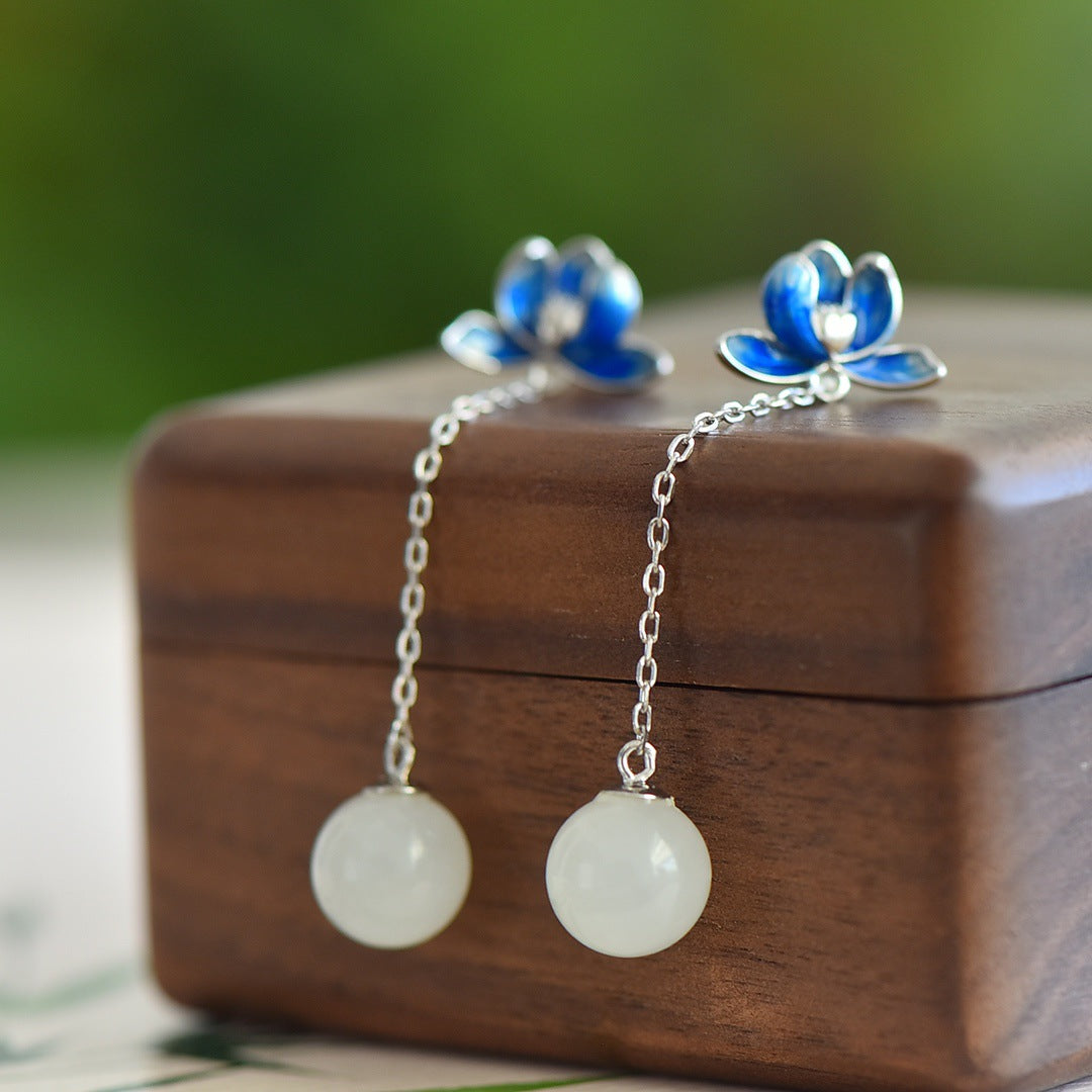 Gold Art Hetian jade earrings with enamel flowers and gold chain - suitable for daily wear and special occasions