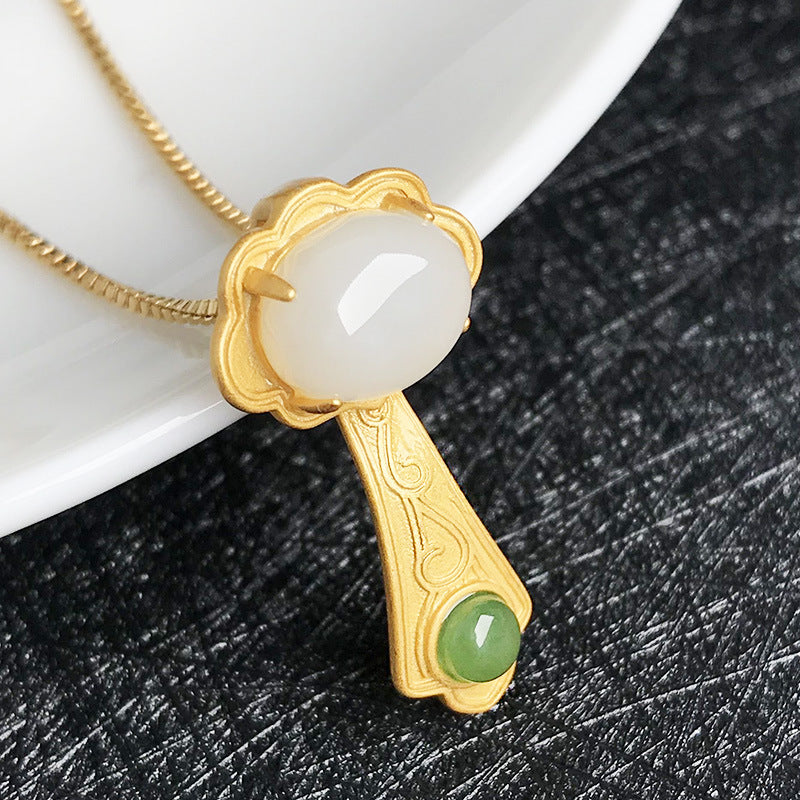 Gold Art Hetian Jade Ruyi Gold Plated Pendant Necklace - Two-tone Jade, Perfect for Everyday Wear, Celebrations and Gifts