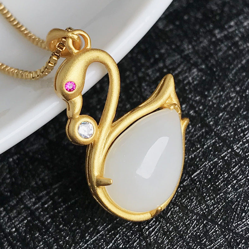 Gold Art Gold-plated Hetian jade swan necklace with rubies and cubic zirconia - perfect for everyday wear, events and gifts