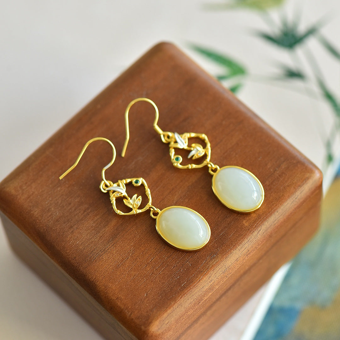 Gold Art Certified natural Hetian jade earrings with gold plated bamboo pattern and gemstones | Perfect for everyday wear, gift giving and special occasions
