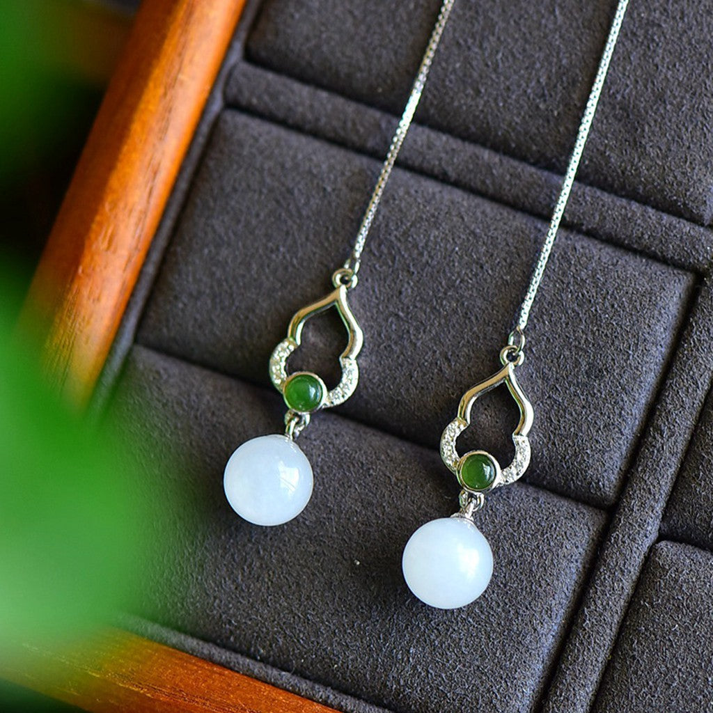 Gold Art Certified natural Hetian jade earrings, 925 silver, inlaid with emeralds and crystals, suitable for daily wear, gift giving and special occasions