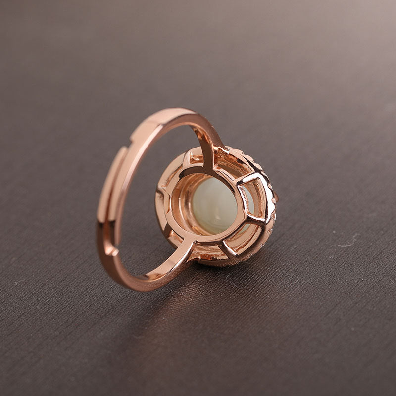Gold Art With identification certificate｜925 sterling silver plated with rose gold and Hetian jade ring Double-layer diamond-studded oval egg-shaped design Natural jade light luxury texture Elegant and high-end