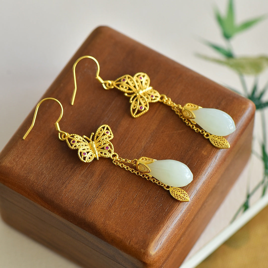Gold Art Gold plated Nephrite jade drop earrings with butterfly and ruby details - perfect for everyday wear, events and gifts