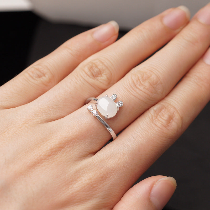 Gold Art With appraisal certificate｜925 sterling silver inlaid with Hetian jade cute rabbit ring  Diamond ear claw design is full of sense｜Daily / Dating / Natural jade + sweet and cute style, girly heart sniper!