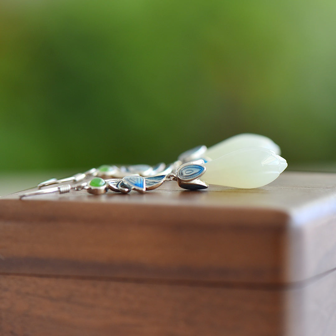 Gold Art  Blue Enamel Floral Sterling Silver Nephrite Jade Earrings – Perfect for Everyday Wear, Celebrations and Gifts