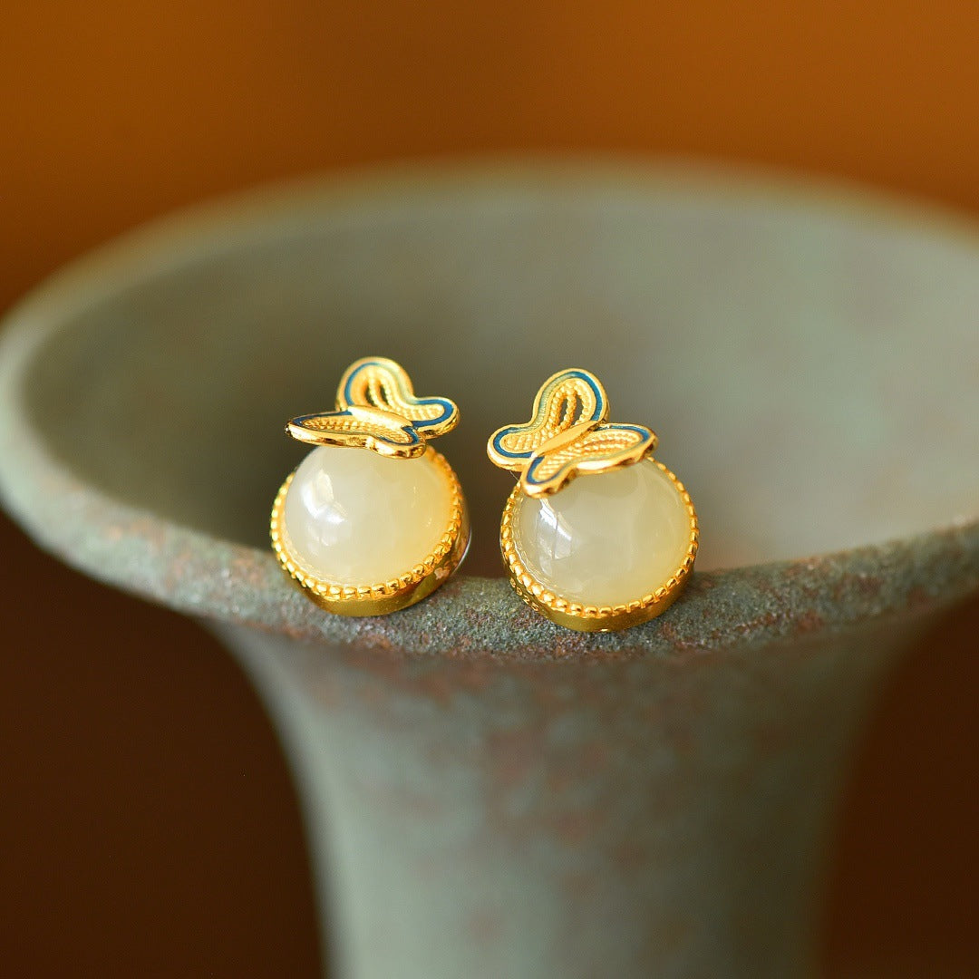 Gold Art Certified Hetian White Jade Enamel Butterfly Stud Earrings in 925 Silver Gold-Plating – Perfect for Everyday Style & Gifting